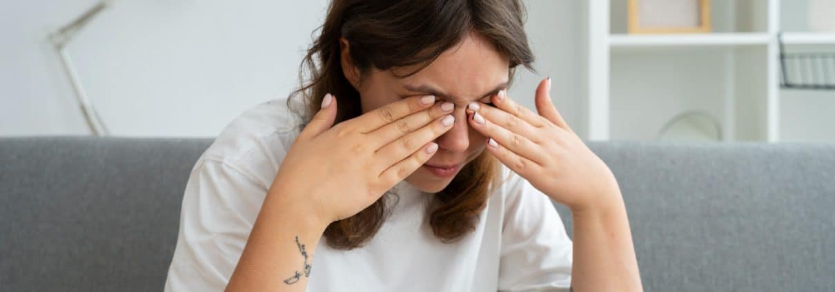 A person sitting on a couch rubs their eyes with both hands, appearing tired or stressed.