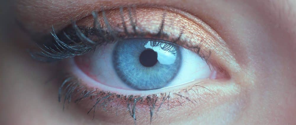 Close-up of a blue eye with long eyelashes and shimmery copper eyeshadow on the eyelid.